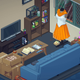 An image from Unpacking depicting a room full of stuff, including a sewing machine, couch, what appears to be a Sailor Moon-esque outfit, and more.